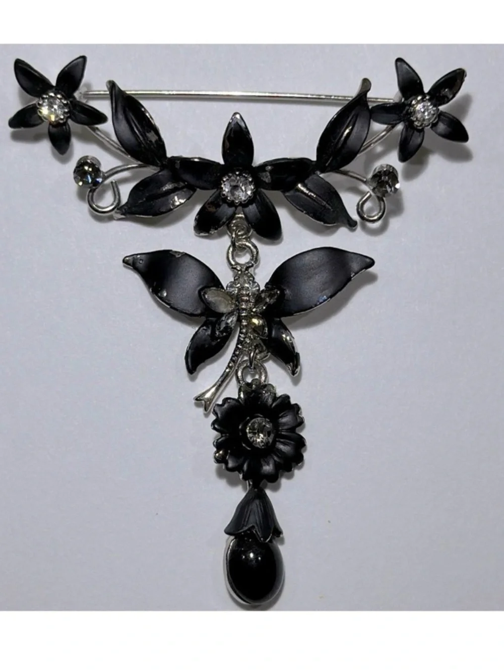 1980s Black & Silver With Rhinestone Flower & Butterfly Brooch